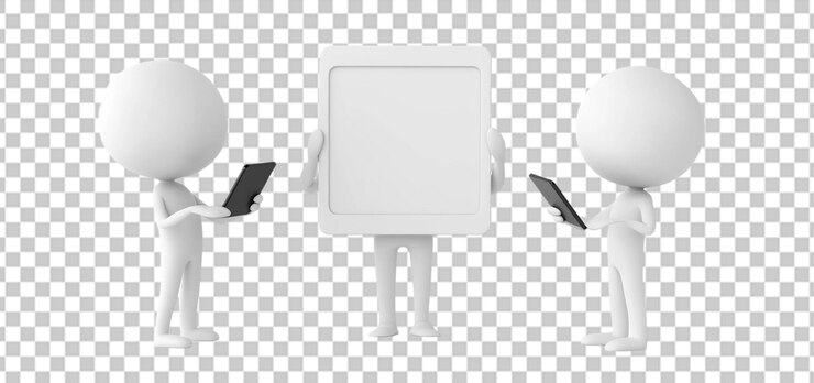 PSD tres conjuntos de caracteres 3d que muestran una tableta en blanco aislada con fondo transparente