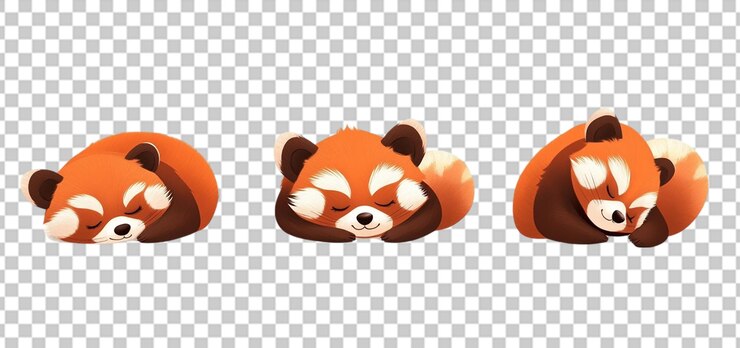 PSD três conjuntos de panda vermelho dormindo desenho animado isolado fundo transparente