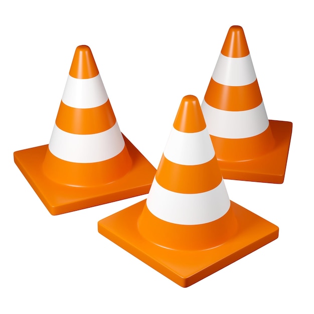 Tres conos de tráfico de color naranja brillante con rayas blancas
