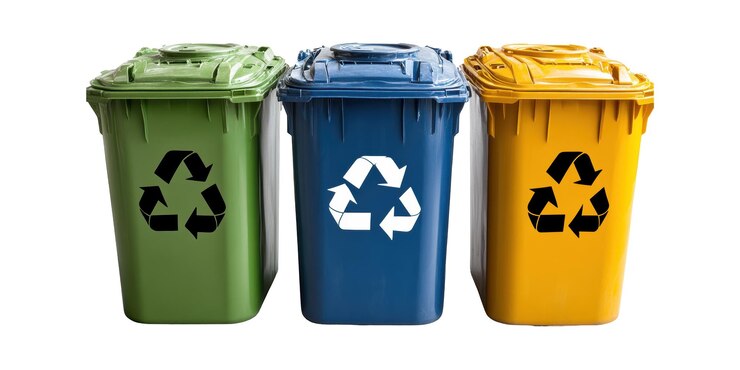 PSD tres contenedores de reciclaje de colores para la clasificación de residuos aislados sobre un fondo transparente