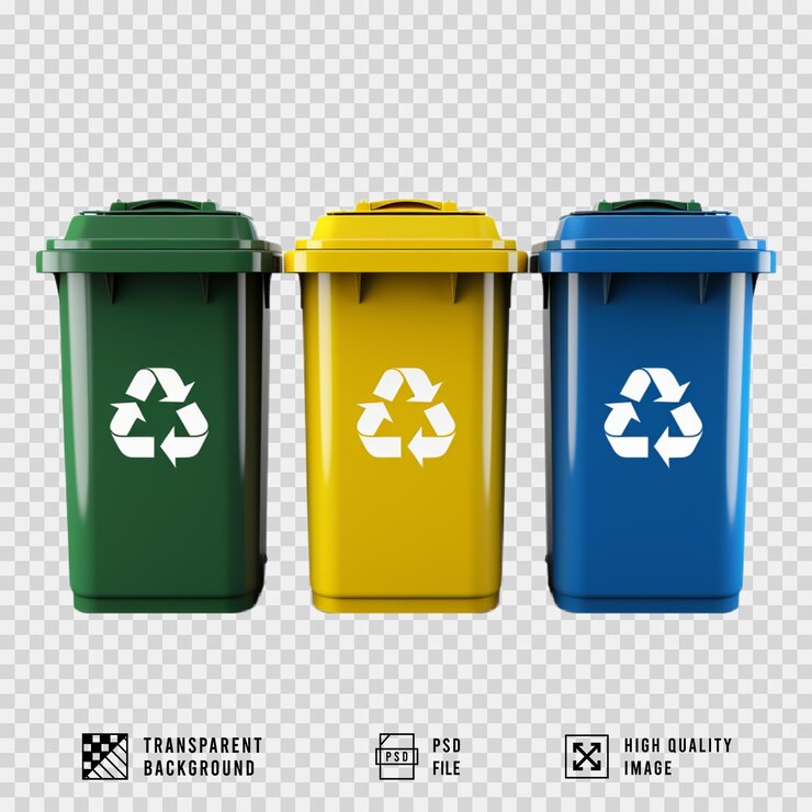 PSD tres contenedores de reciclaje con fondo transparente