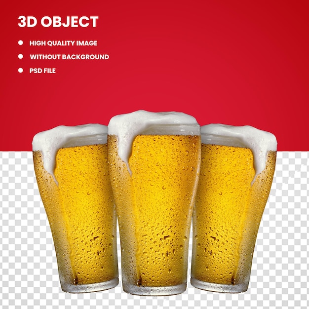Três copos de cerveja transparentes