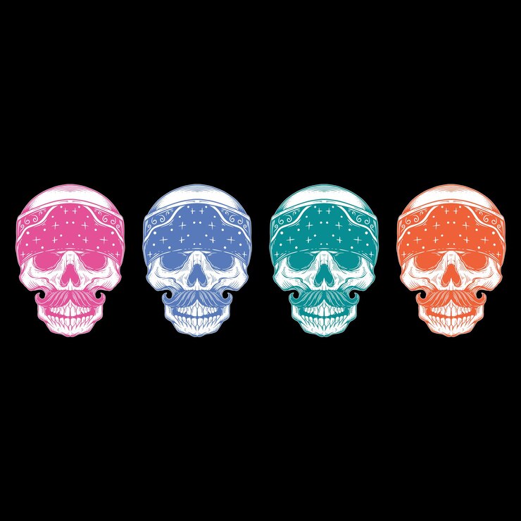 PSD tres cráneos con puntos de diferentes colores se muestran para todos los propósitos de fondo diseño de camiseta camiseta