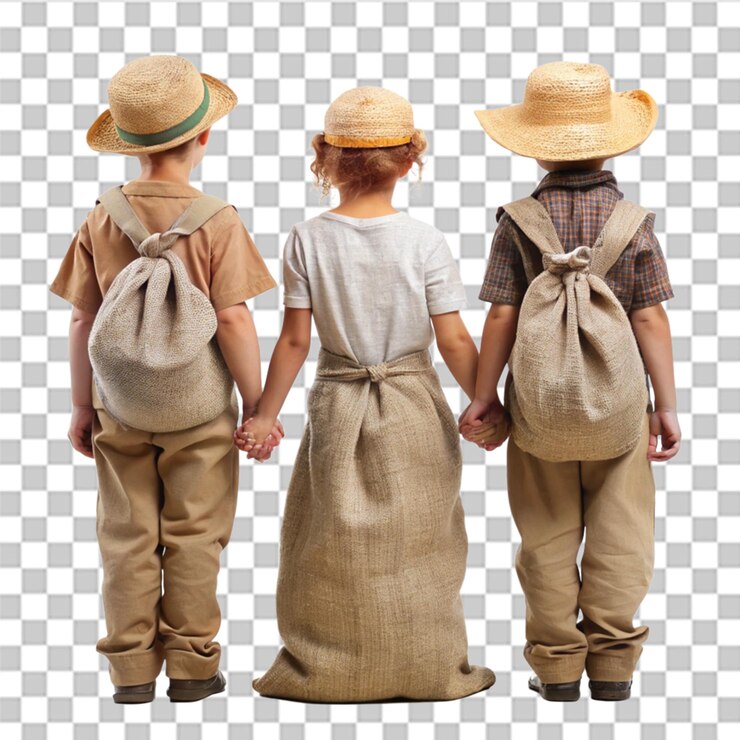 PSD três crianças vestindo sacos de burlap e chapéus nas costas segurando as mãos em fundo transparente