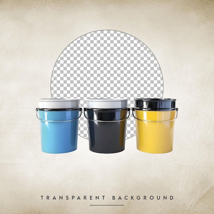 PSD tres cubos de colores para la pintura aislados sobre un fondo transparente