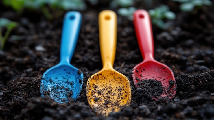PSD tres cucharas de colores metidas en el suelo que simbolizan la jardinería, la siembra y el crecimiento