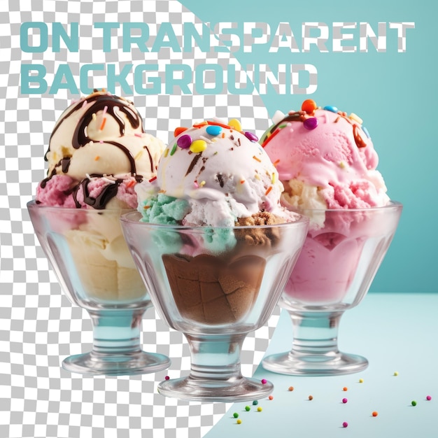 PSD tres cuencos de helado con varios ingredientes en un fondo transparente