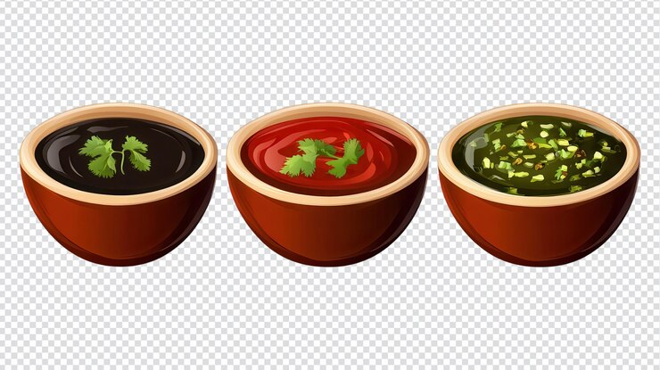 PSD tres cuencos vibrantes de salsas de inmersión con hierbas expuestas contra un fondo transparente ideales para mejorar varios platos