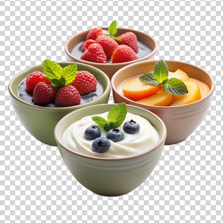 PSD tres cuencos de yogur de frutas con bayas y hojas de menta en la parte superior sobre un fondo transparente