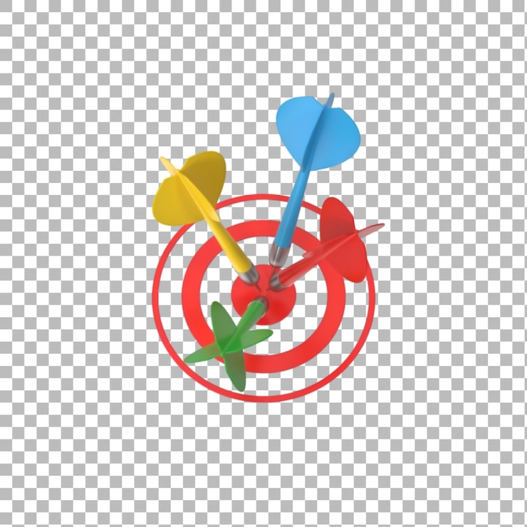 PSD tres dardos de colores rojo, azul y amarillo golpeando el centro de un objetivo rojo la imagen representa el éxito del trabajo en equipo y el logro de objetivos ideal para temas de colaboración y precisión