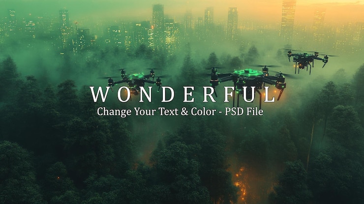 PSD tres drones vuelan sobre un bosque nebuloso al anochecer con un horizonte de la ciudad visible en la distancia