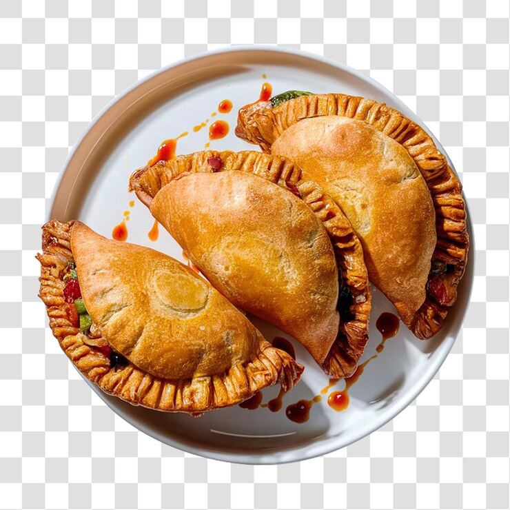 PSD três empanadas douradas e crocantes servidas em um prato branco isolado em um fundo transparente