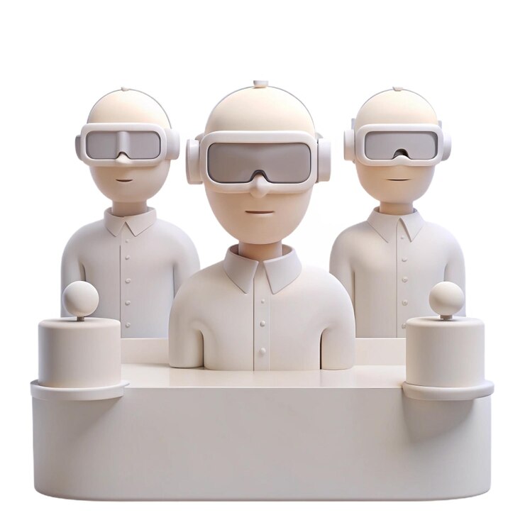 PSD tres estatuillas de lego de tres personas con gafas de protección