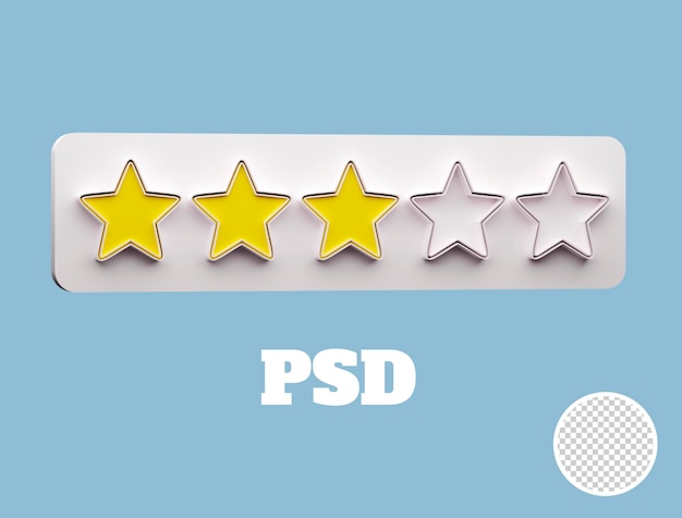 PSD tres estrellas amarillas calificación 3d render sobre fondo transparente