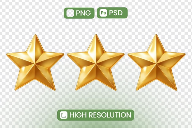 Tres estrellas de oro PNG y PSD de alta resolución Recursos gráficos para proyectos de diseño Sitios web y presentaciones Ideales para sistemas de calificación Premios y decoraciones que mejoran el atractivo visual