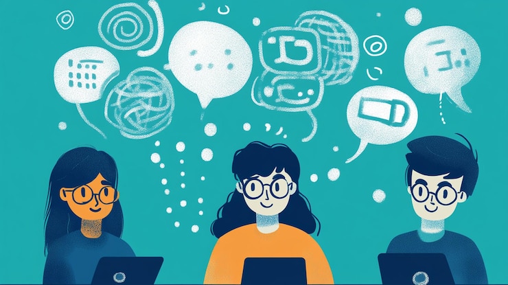 PSD tres estudiantes diversos colaboran en computadoras portátiles rodeadas de burbujas de pensamiento que ilustran la codificación de datos y comunicación
