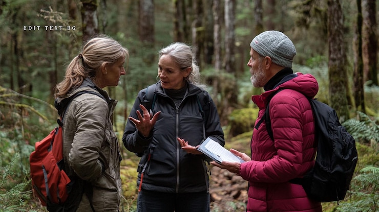 PSD tres excursionistas discuten un mapa en un bosque exuberante