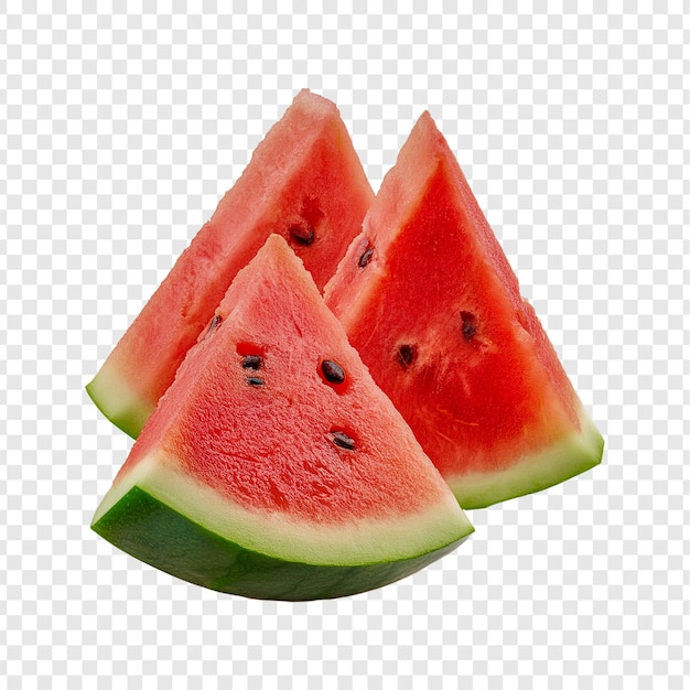 três fatias de melancia são cortadas ao meio