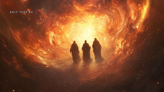 Tres figuras con túnicas caminan hacia un vortex cósmico ardiente.