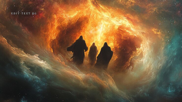 PSD tres figuras con túnicas de pie ante una nebulosa cósmica ardiente