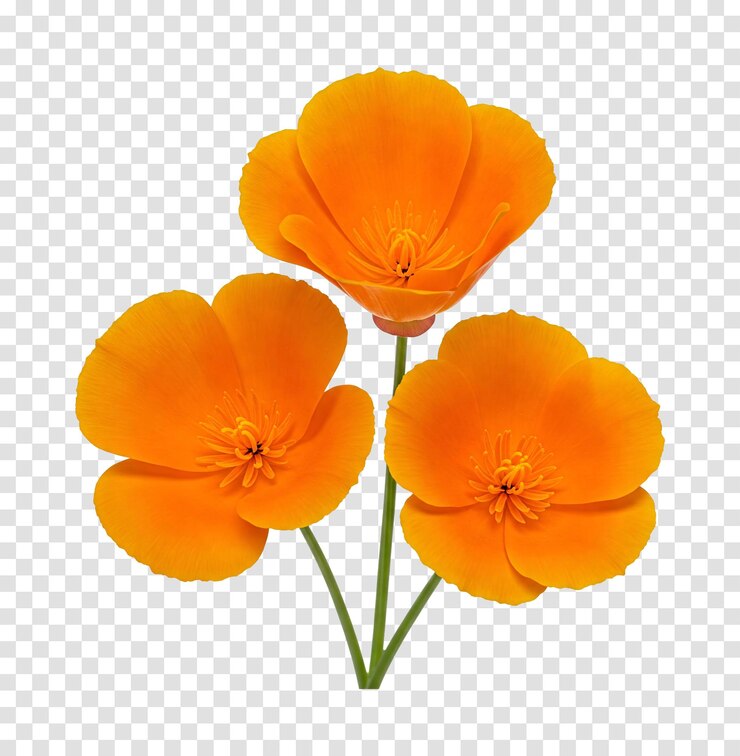 PSD tres flores de amapola de california aisladas de flores de naranja sobre un fondo transparente