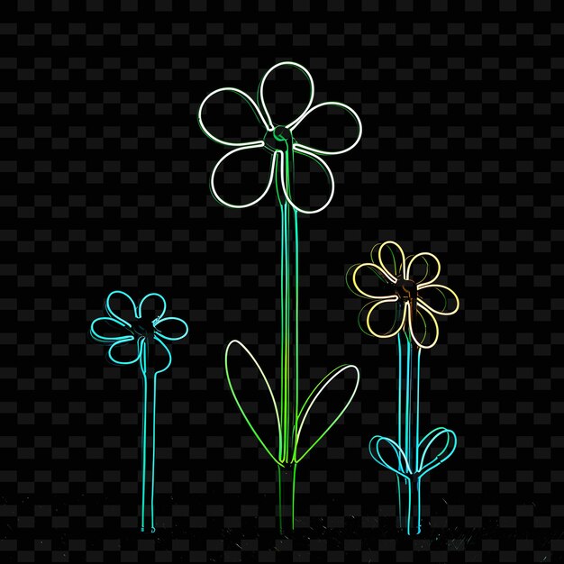 PSD tres flores con colores verdes y amarillos en un fondo negro