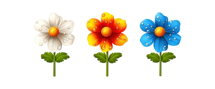 PSD tres flores de rocío de diferentes colores