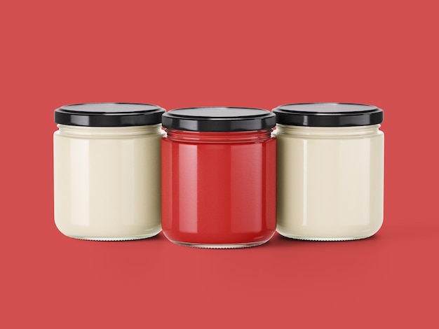 tres frascos de diferentes tamaños uno rojo y uno blanco con una tapa negra
