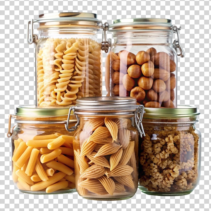 PSD tres frascos de pasta y frijoles sobre un fondo transparente