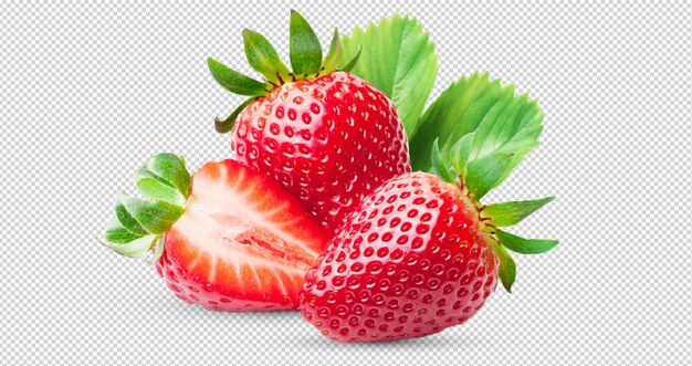 PSD tres fresas jugo de fresas fresas con hojas aisladas