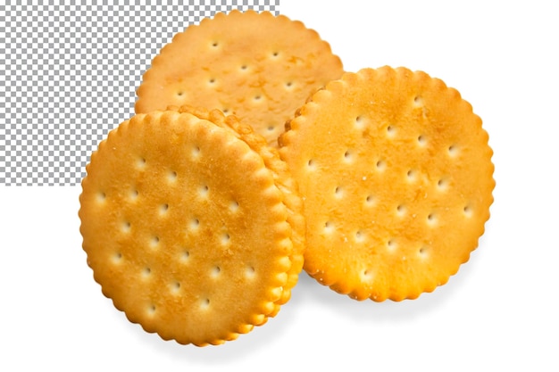 Tres galletas cracker aisladas sobre fondo transparente