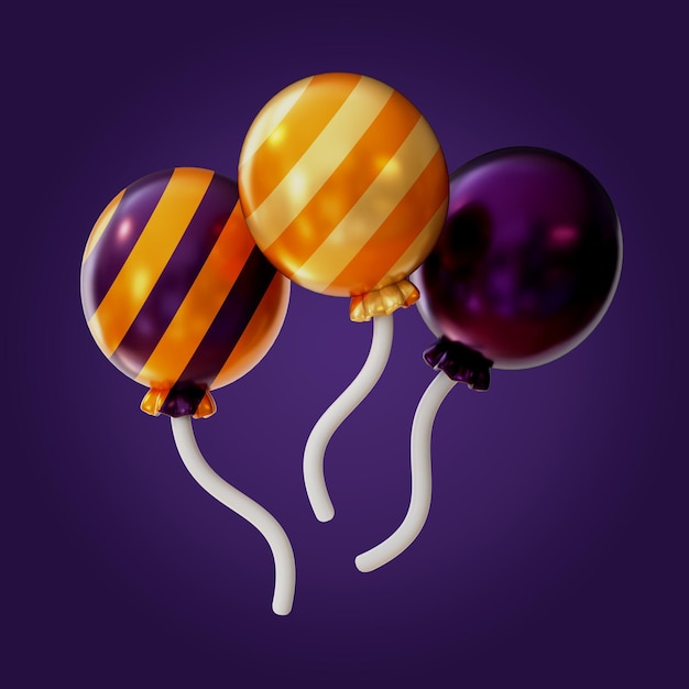 tres globos con rayas naranjas y amarillas y uno púrpura y amarillo con una franja blanca