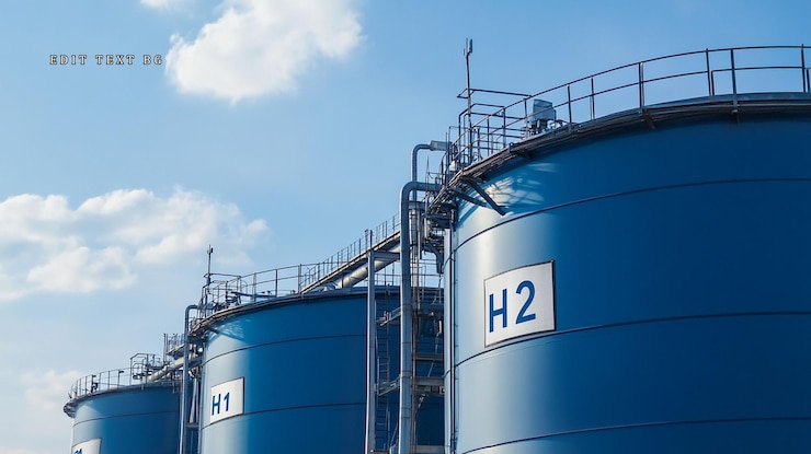 PSD tres grandes tanques de almacenamiento industrial azules bajo un cielo brillante etiquetados h1 y h2