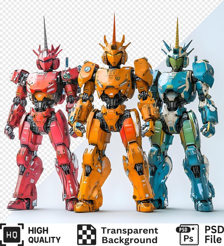 PSD tres guerreros robots de pie en una fila con cuernos de unicornio en sus cascos aislados en un fondo transparente