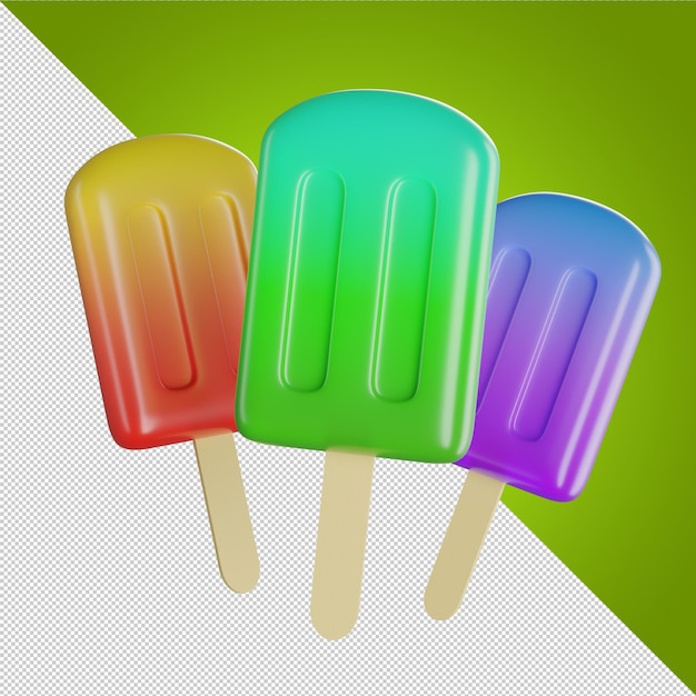 Tres helados de colores en palo Helado surtido con frutas en palo de madera Verde púrpura rojo Jugo congelado Postre frío de verano Paletas Helado icono 3d ilustración 3d render