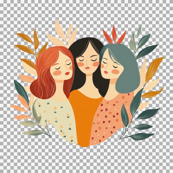 PSD tres hermosas mujeres de pie juntas y abrazadas con hojas que rodean la ilustración vectorial para el diseño del cartel del día de la mujer en un fondo transparente