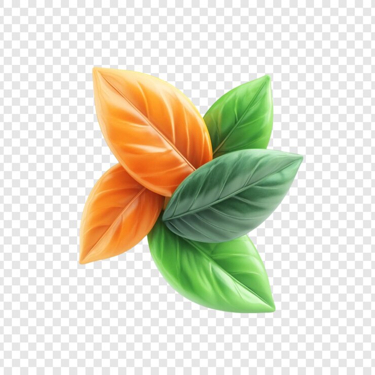 PSD tres hojas brillantes en tonos naranja y verde dispuestas en un diseño moderno tema estético de la naturaleza elemento de diseño gráfico ecológico