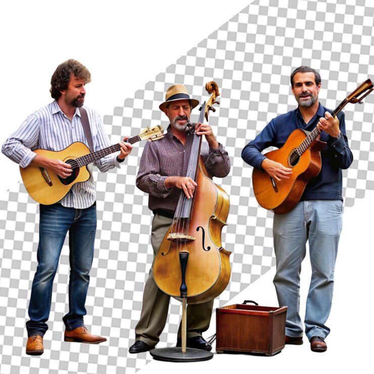 PSD tres hombres están tocando música en la calle, llevan ropa casual y parecen felices, el fondo es borroso y parece una ciudad.