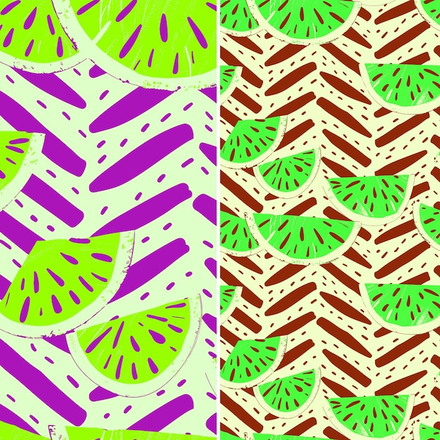 PSD tres imágenes diferentes de limas y un patrón de kiwi