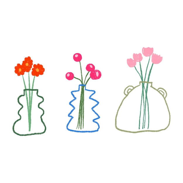 Tres jarrones con flores coloridas dibujadas a mano
