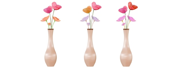 Tres jarrones con tulipanes de colores sobre un fondo negro