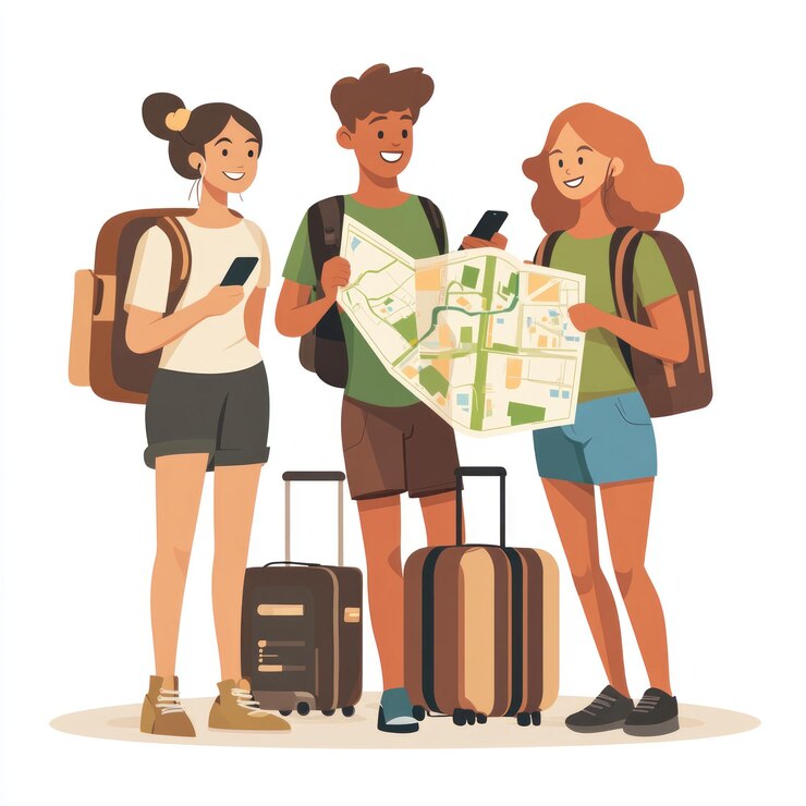 PSD tres jóvenes mochileros con equipaje y mapa planean un viaje