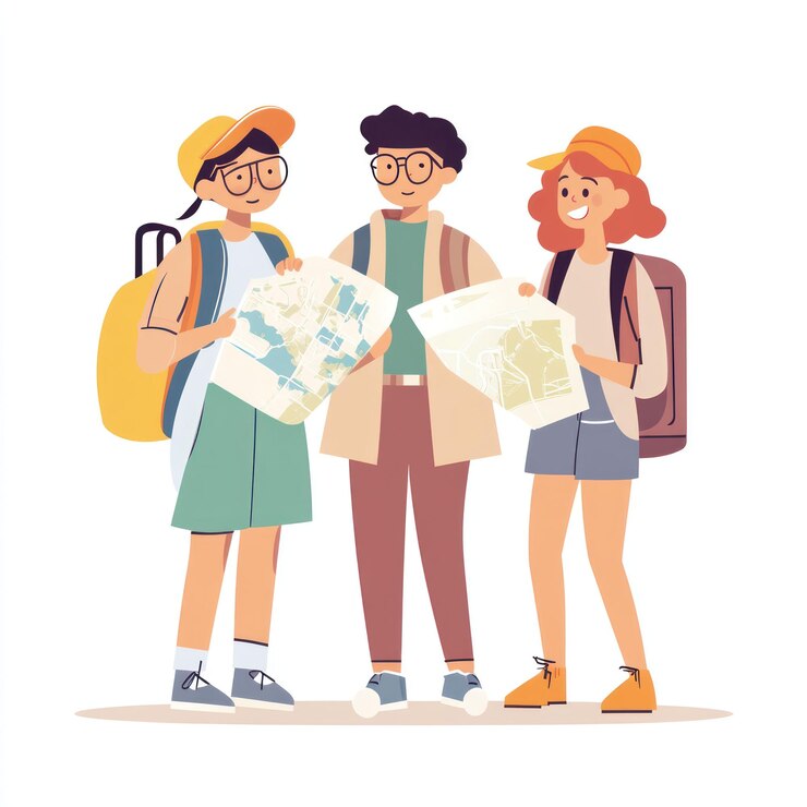 PSD tres jóvenes mochileros estudiando un mapa juntos
