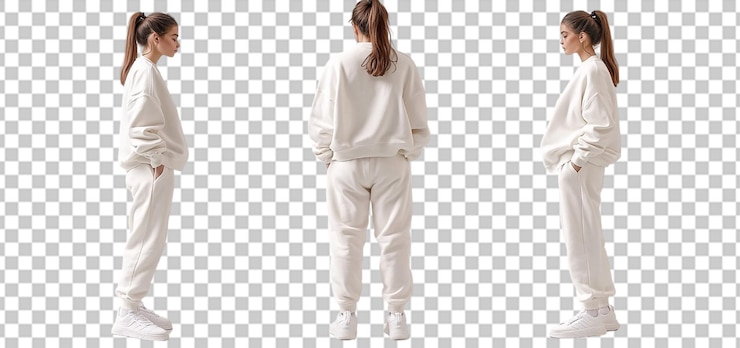 PSD tres juegos de maquetas de mujeres con suéter blanco y camisa aislados con fondo transparente