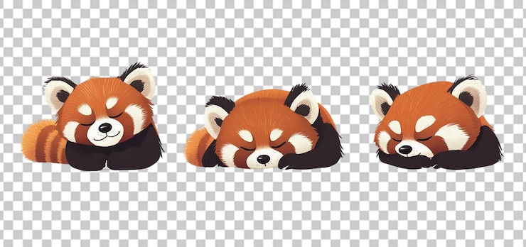 PSD tres juegos de panda rojo durmiendo dibujos animados aislados de fondo transparente