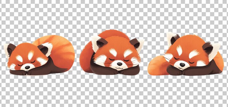 PSD tres juegos de panda rojo durmiendo dibujos animados aislados de fondo transparente