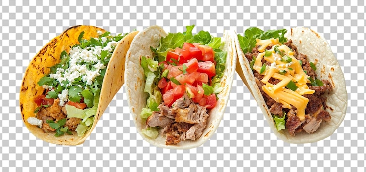 PSD tres juegos de tortillas de maíz o harina llenas de mía aislado fondo transparente