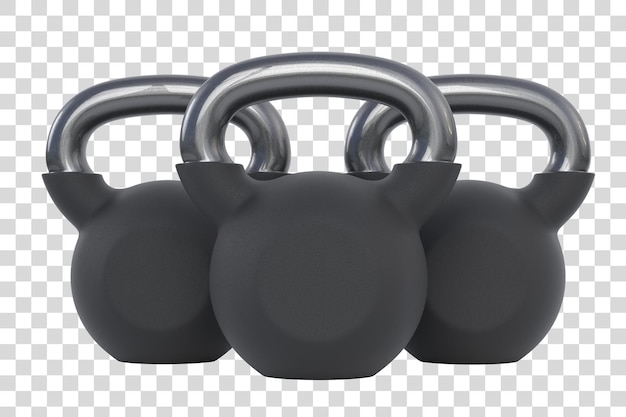 PSD três kettlebells de metal preto isolados em fundo branco vista frontal equipamento de ginástica e fitness 3d