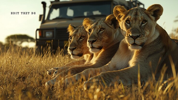 PSD três leônias descansando na savana africana ao pôr do sol veículo de safári no fundo