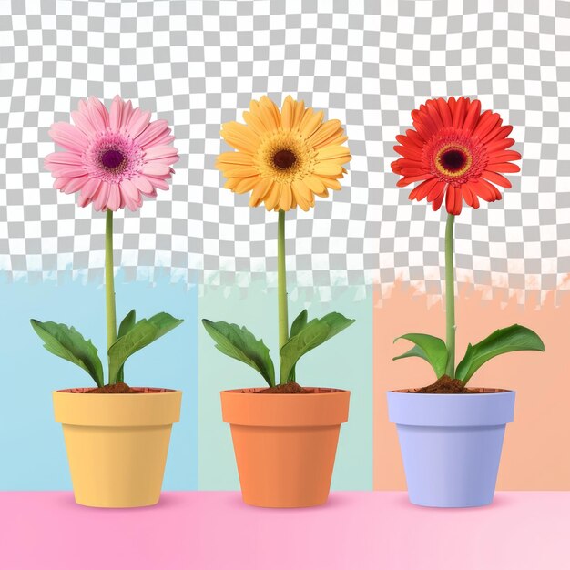 PSD tres macetas de flores con diferentes colores de flores en ellos